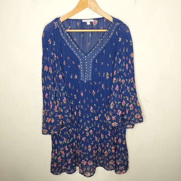 Woman Within Tunic Pleated Floral Flare Sleeve Embellished - Picture 1 of 10